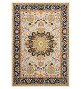 Ivory hand-tufted wool rug with golden floral medallion and navy border